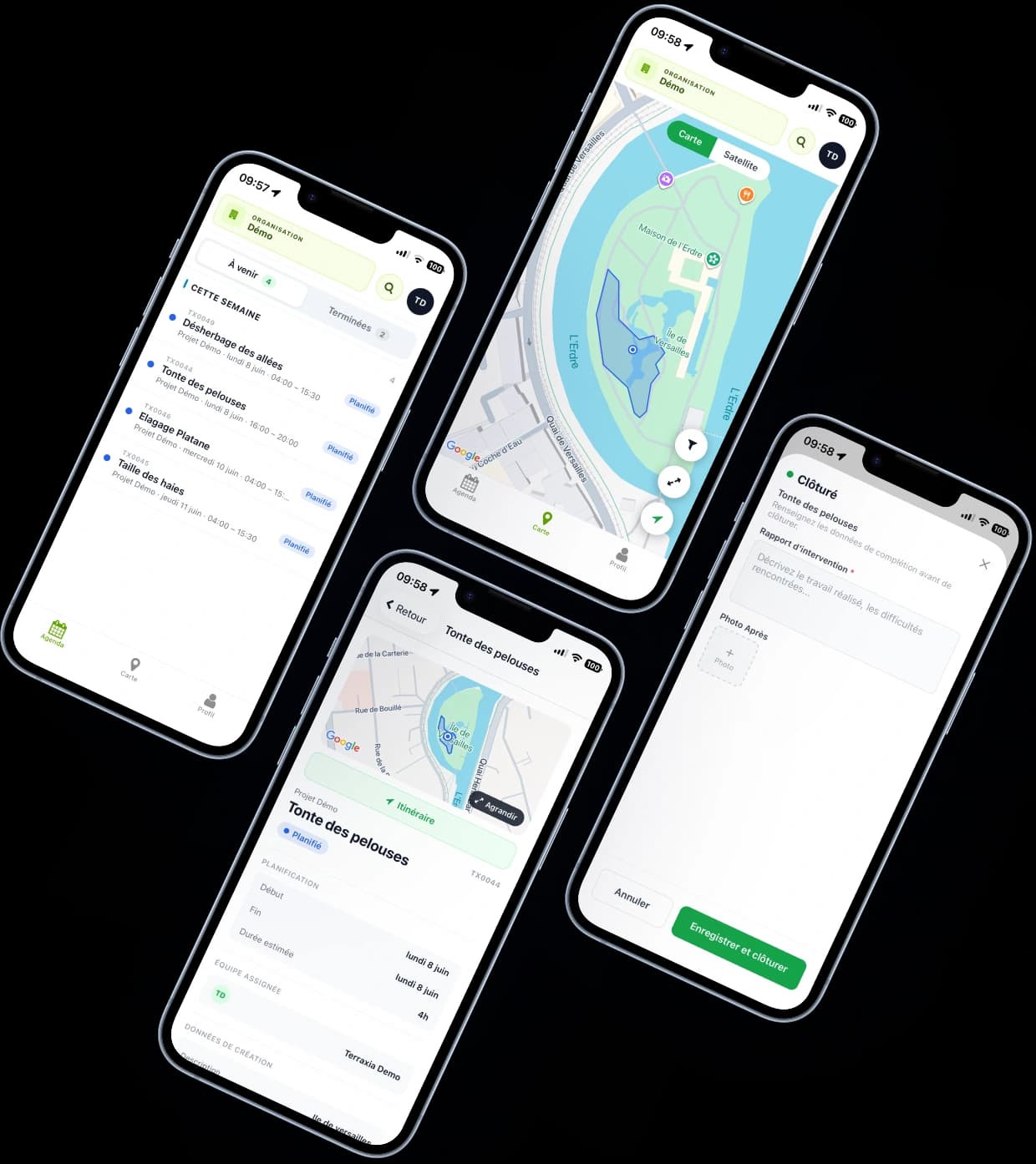 Application mobile Terraxia montrant la tournée du jour d'un technicien paysagiste