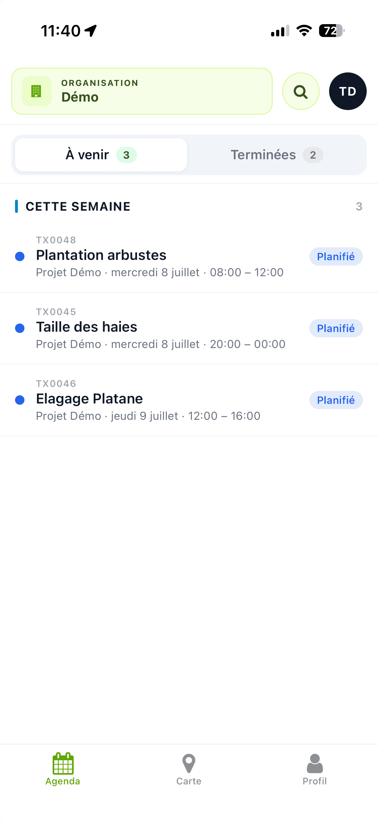 Application mobile Terraxia · agenda d'un technicien paysagiste