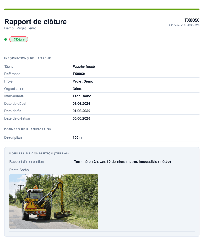 Exemple de rapport d'intervention PDF généré par Terraxia avec photos avant/après